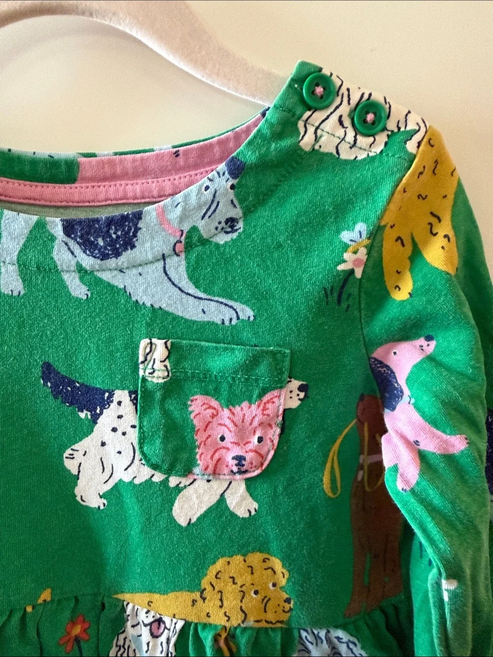 Mini Boden Green Long-Sleeve Dog & Cat Print Dress with Pockets